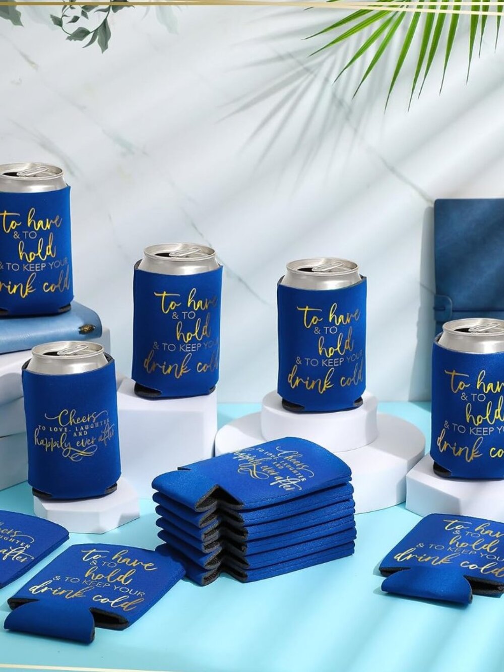 Party Can Coolers, Wedding, Engagement, Bridal Shower, 50 Pcs Blue Gold